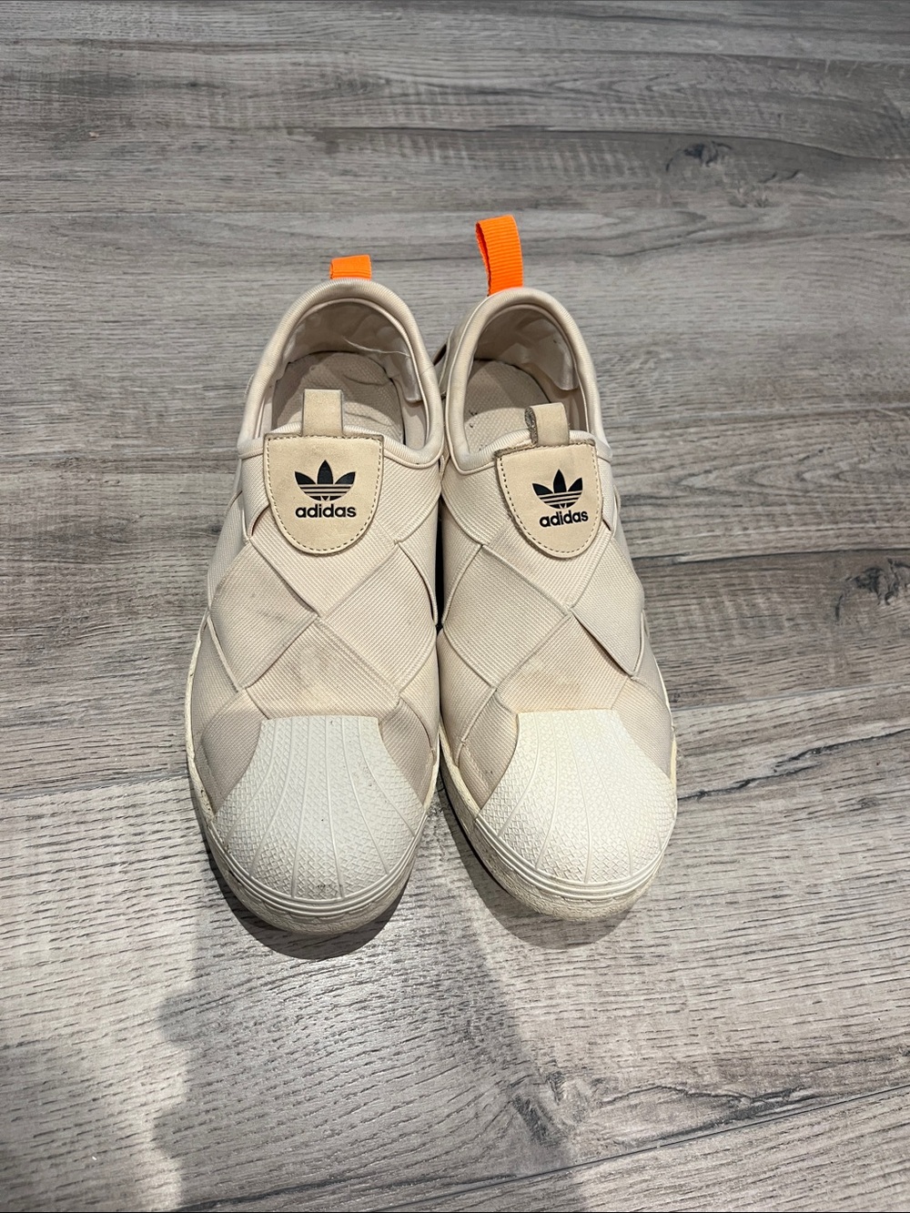 adidas Cream Slip-On Sneakers with Orange Pull Tabs